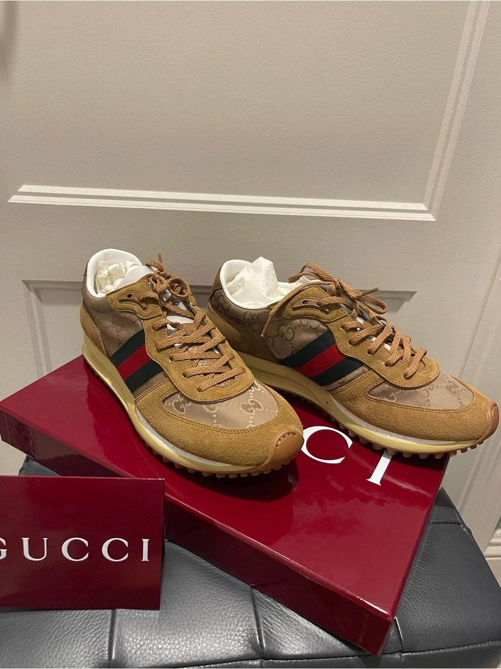 Gucci Tan & Beige GG Suede-Trim Runner Sneakers comes